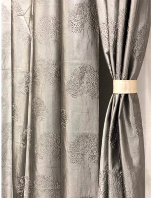 SR Collection 214 cm (7 ft) Door Polyester Room Darkening Curtain (Pack Of 2)(Grey, Floral)