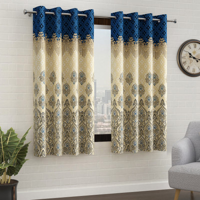 Story@home 152 cm (5 ft) Window Polyester Semi Transparent Curtain (Pack Of 2)(Blue, Ivory, Printed)