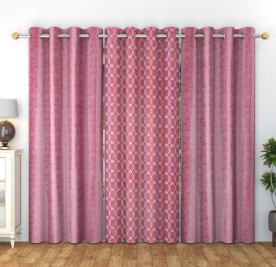WO FLORA 214 cm (7 ft) Polyester Room Darkening Door Curtain (Pack Of 3)(Checkered, Pink)