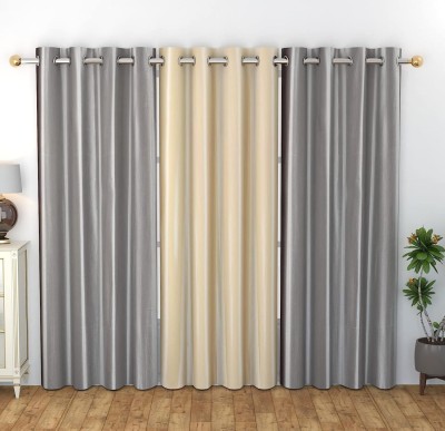 FUNFLIP 213.5 cm (7 ft) Polyester Room Darkening Door Curtain (Pack Of 3)(Plain, Silver,Beige)