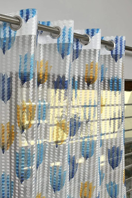 Kraftiq Homes 214 cm (7 ft) Door Polyester Transparent Curtain (Pack Of 2)(Aqua Blue, Floral)