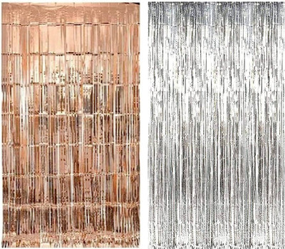 AAKRISH 90 cm (3 ft) PVC Semi Transparent Window Curtain (Pack Of 4)(Plain, 2 Rose Gold and 2 Silver Fringe Curtains)