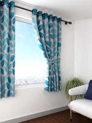 Cortina 150 cm (5 ft) Window Polyester Semi Transparent Curtain (Pack Of 2)(Blue, Floral)