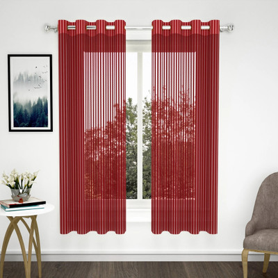 Story@home 152 cm (5 ft) Window Tissue Semi Transparent Curtain (Pack Of 2)(Maroon, Striped)