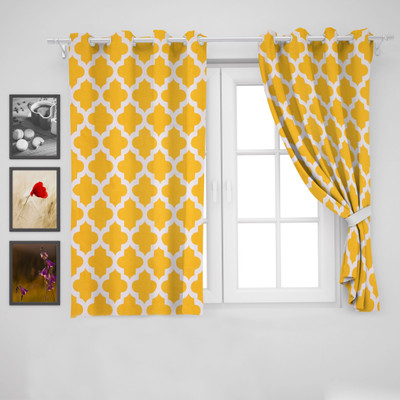 HOMEMONDE 152 cm (5 ft) Window Cotton Semi Transparent Curtain (Pack Of 2)(Yellow, Printed)