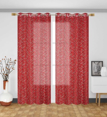 Radha Enterprises 274 cm (9 ft) Net Semi Transparent Long Door Curtain (Pack Of 2)(Floral, Maroon)