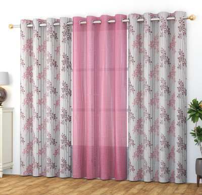 Stackers 152 cm (5 ft) Tissue Transparent Window Curtain (Pack Of 3)(Printed, Pink)