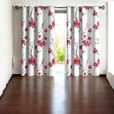 Garg Traders 150 cm (5 ft) Polyester Room Darkening Window Curtain (Pack Of 2)(Floral, Red and white)