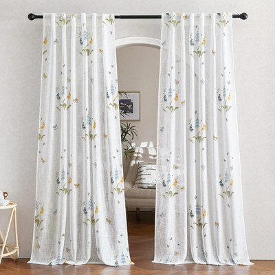 Tranquebar Curtain Co. 213 cm (7 ft) Door Polyester Semi Transparent Curtain (Pack Of 2)(Blue, Floral)