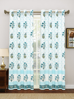 Blocks Of India 210 cm (7 ft) Door Cotton Semi Transparent Curtain (Pack Of 2)(Blue, Printed)