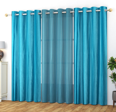 Panipat Textile Hub 213 cm (7 ft) Tissue Semi Transparent Door Curtain (Pack Of 3)(Plain, Aqua)