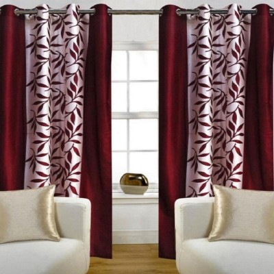 N2C Home 152 cm (5 ft) Polyester Semi Transparent Window Curtain (Pack Of 2)(Floral, Maroon)