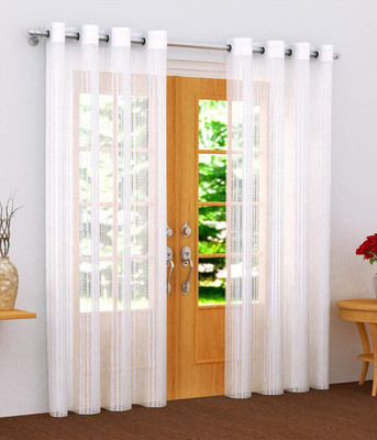 ARTSY HOME 275 cm (9 ft) Long Door Tissue, Net Transparent Curtain (Pack Of 2)(White, Striped)