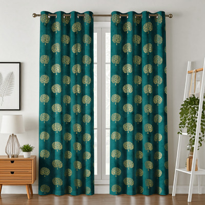Galaxy Home Decor 153 cm (5 ft) Window Velvet Room Darkening Curtain (Pack Of 2)(Aqua, Floral)