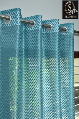SIRJANHAAR 152 cm (5 ft) Window Jacquard Semi Transparent Curtain (Pack Of 2)(Aqua, Striped)
