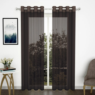 Story@home 215 cm (7 ft) Door Tissue Semi Transparent Curtain (Pack Of 2)(Coffee Brown, Striped)