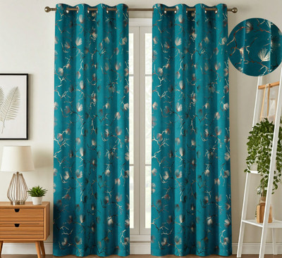 Galaxy Home Decor 153 cm (5 ft) Window Velvet Room Darkening Curtain (Pack Of 2)(Teal, Floral)