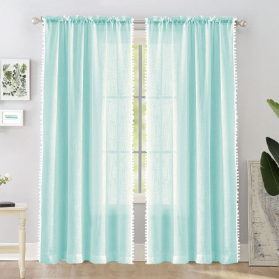 HOMEMONDE 152 cm (5 ft) Window Cotton Transparent Curtain (Pack Of 2)(Celeste Border Pompom, Self Design)