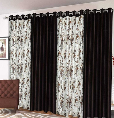 AH-DECOR 305 cm (10 ft) Long Door Polyester Room Darkening Curtain (Pack Of 4)(Coffee, Floral, Plain)