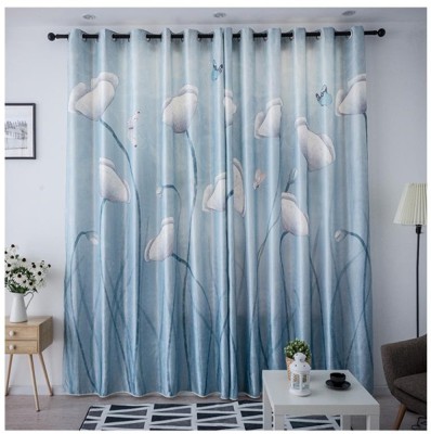 V21 DECOD 214 cm (7 ft) Polyester Room Darkening Door Curtain (Pack Of 2)(Floral, Light Blue)