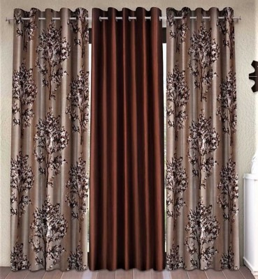 Home Tex 213 cm (7 ft) Polyester Semi Transparent Door Curtain (Pack Of 3)(Floral, Brown)