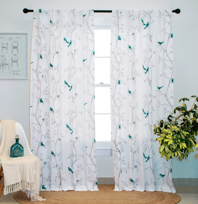 Tranquebar Curtain Co. 213 cm (7 ft) Door Cotton Room Darkening Curtain (Pack Of 2)(White, Blue, Floral)