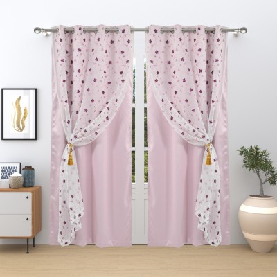 GD Home Fabric 152.4 cm (5 ft) Polyester Blackout Window Curtain (Pack Of 2)(Printed, Baby Pink & White)