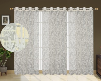 JUBILANT HOME FASHION 274 cm (9 ft) Net Semi Transparent Long Door Curtain (Pack Of 3)(Floral, FLORAL CREAM)