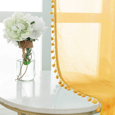 Urban Space 243 cm (8 ft) Long Door Polyester Semi Transparent Curtain (Pack Of 2)(Yellow with pom pom, Solid)