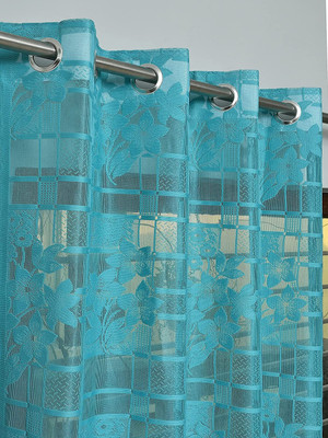 ZATCHBELL 274 cm (9 ft) Long Door Tissue Transparent Curtain Single Curtain(Aqua, Floral)