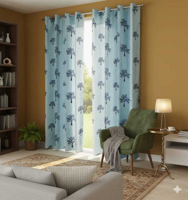 TWOLOVER 213 cm (7 ft) Long Door Cotton Blackout Curtain (Pack Of 2)(Blue, Printed)