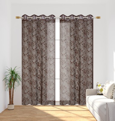 Arick Home 213 cm (7 ft) Net Semi Transparent Door Curtain (Pack Of 2)(Floral, Coffee)