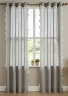 UBH 153 cm (5 ft) Window Blends Semi Transparent Curtain (Pack Of 2)(Grey Linen sheer with pom pom lace, Solid)
