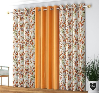 Benchmark 152.4 cm (5 ft) Polyester Room Darkening Window Curtain (Pack Of 3)(Solid, Cream & Orange)