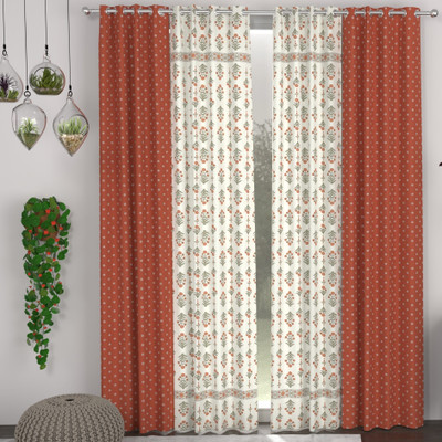 CHHAVI INDIA 213 cm (7 ft) Door Polycotton Semi Transparent Curtain (Pack Of 4)(Orange, Printed)