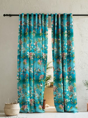 SPACES DRAPE STORY 152 cm (5 ft) Polyester Room Darkening Window Curtain (Pack Of 2)(Floral, Turquoise & Bird)