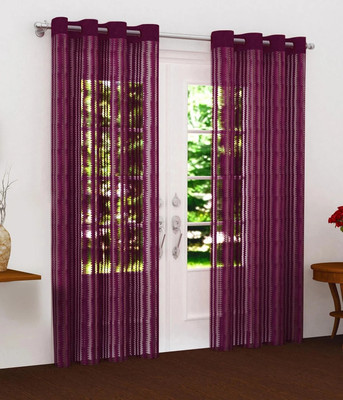 BANAVY 152 cm (5 ft) Window Tissue, Net Semi Transparent Curtain (Pack Of 2)(Wine, Striped)