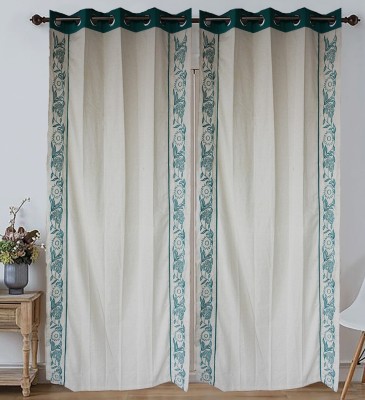 Dekor World 150 cm (5 ft) Cotton Semi Transparent Window Curtain (Pack Of 2)(Embroidered, Beige Aqua)