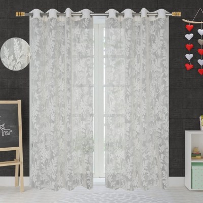 JUBILANT HOME FASHION 274 cm (9 ft) Net Semi Transparent Long Door Curtain (Pack Of 2)(Floral, FLORAL CREAM)