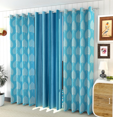 HudHud Furnishings 152 cm (5 ft) Polyester Semi Transparent Window Curtain (Pack Of 3)(Printed, Aqua)