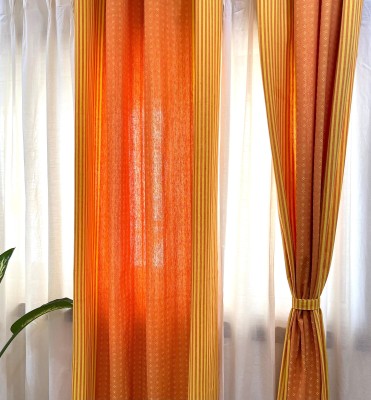 Rangbhar 152 cm (5 ft) Cotton Room Darkening Window Curtain (Pack Of 2)(Striped, Orange, Yellow)