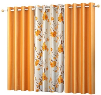 NAVSANG 213 cm (7 ft) Polyester Room Darkening Door Curtain (Pack Of 3)(Floral, Solid, 2 Gold 1 Flower)