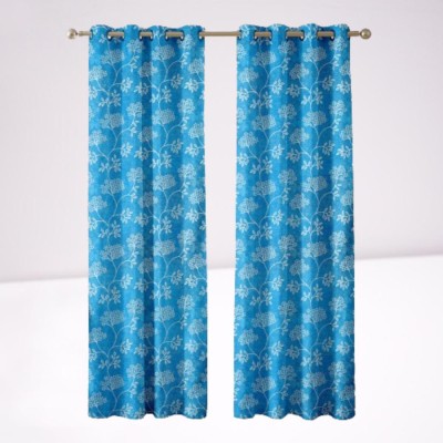 AREW 215 cm (7 ft) Polyester Room Darkening Door Curtain (Pack Of 2)(Floral, Blue)