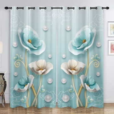 VSD 214 cm (7 ft) Polyester Room Darkening Door Curtain (Pack Of 2)(Floral, Blue)