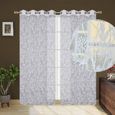KNIT VIBES 274 cm (9 ft) Net Semi Transparent Long Door Curtain (Pack Of 2)(Floral, White)