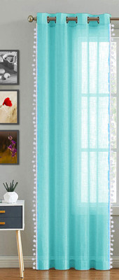 HOMEMONDE 274 cm (9 ft) Long Door Cotton Transparent Curtain Single Curtain(Celeste Border Pompom, Solid)