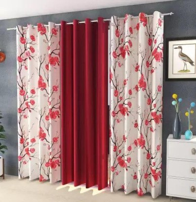 HEU 213.36 cm (7 ft) Polyester Semi Transparent Door Curtain (Pack Of 3)(Floral, Maroon)