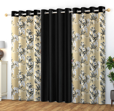 Waco creation 274 cm (9 ft) Long Door Polyester Blackout Curtain (Pack Of 3)(Multi Black, Floral)