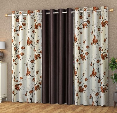 NAVSANG 182 cm (6 ft) Polyester Room Darkening Window Curtain (Pack Of 3)(Solid, Floral, Brown)