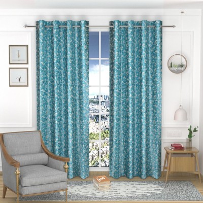 SKJ FURNISHINGS 304.8 cm (10 ft) Polyester Blackout Long Door Curtain (Pack Of 2)(Floral, Aqua)